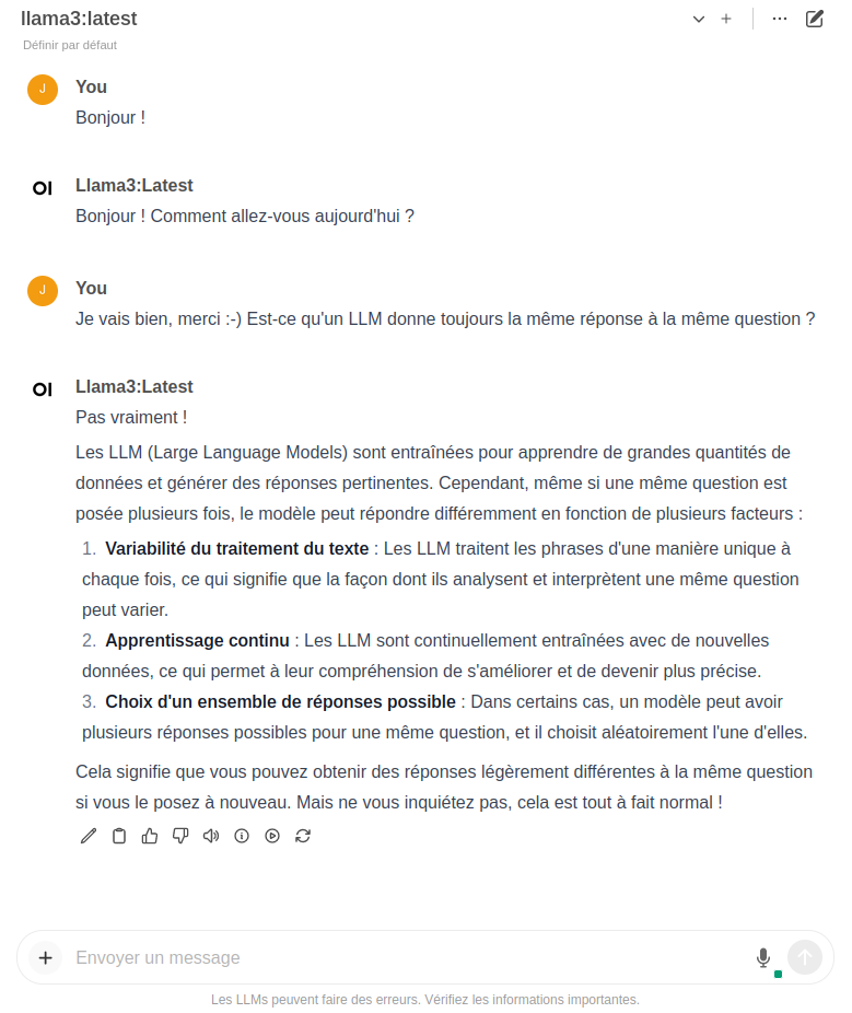 Capture d'écran d'une discussion avec un LLM en utilisant Open WebUI