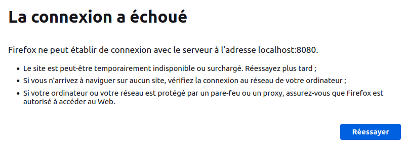 Capture d'écran de l'erreur de connexion à Open WebUI en local