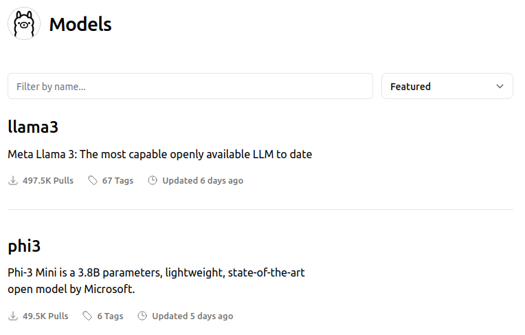 Capture d'écran de la bibliothèque de modèles du site d'Ollama